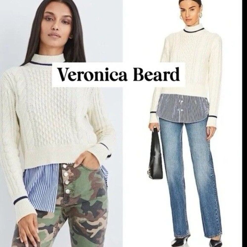 Veronica Beard Fritz Mixed Media Sweater Women Sz L Ivory/Navy Modern Preppy EUC